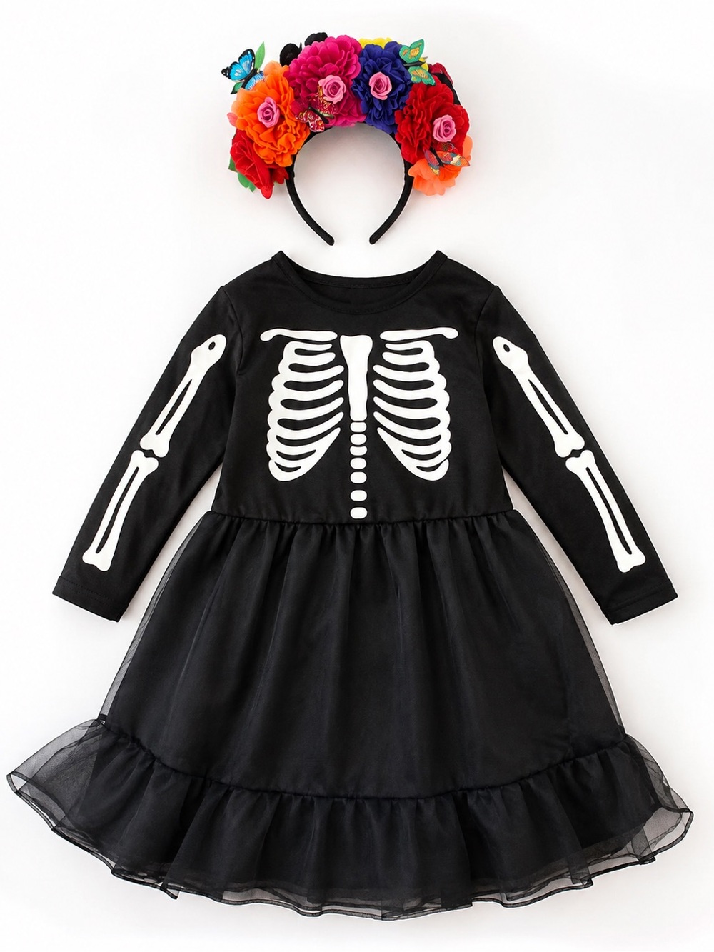 Girls Dia de Los Muertos Black Skeleton Tulle Costume Dress with Floral Headband
